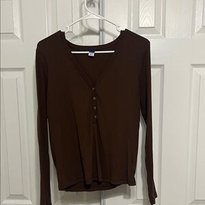 Old Navy Brown Button-Down V-Neck Top